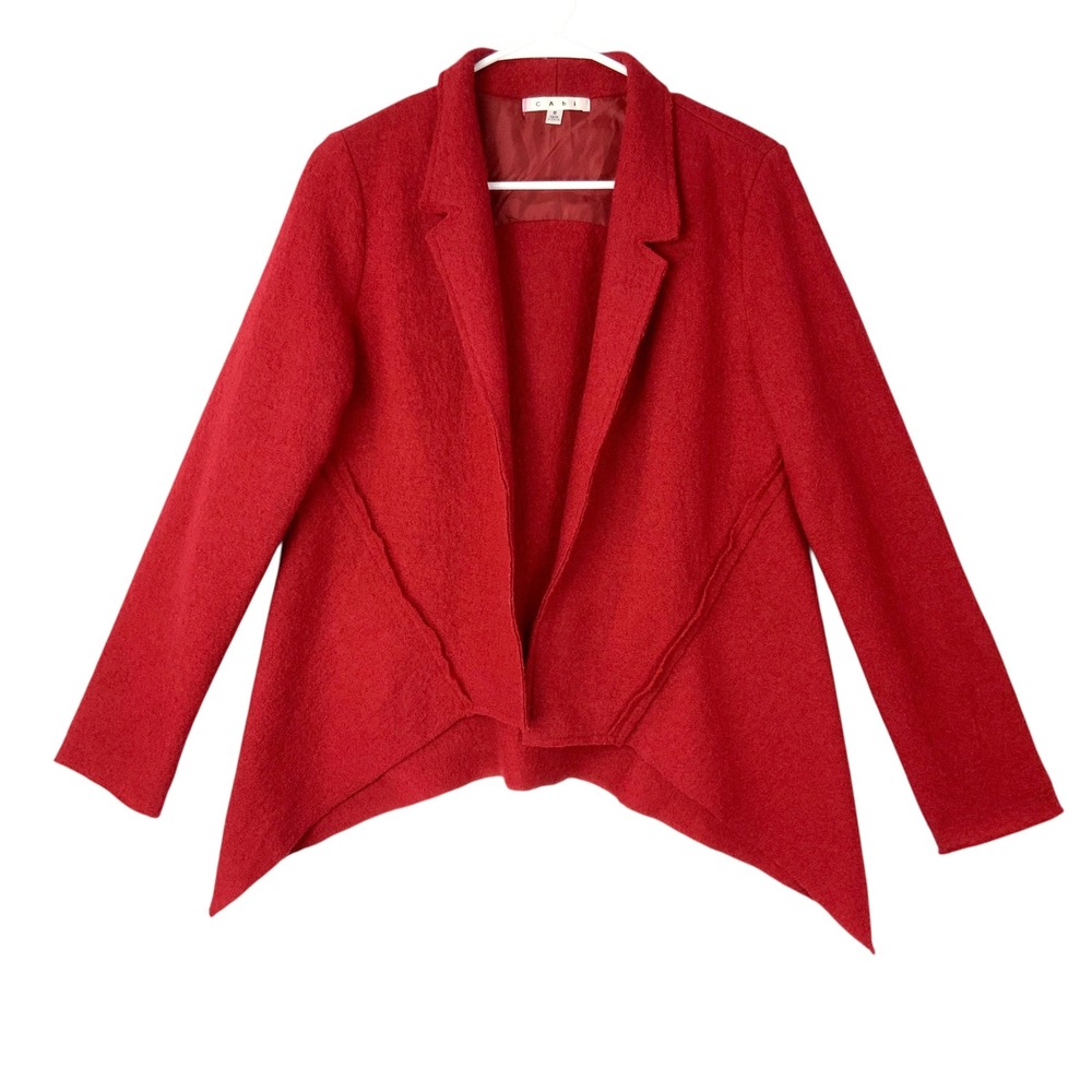 Cabi Red Wool Jacket S Open Front Notched Lapel Long Sleeve Asymmetrical Hem